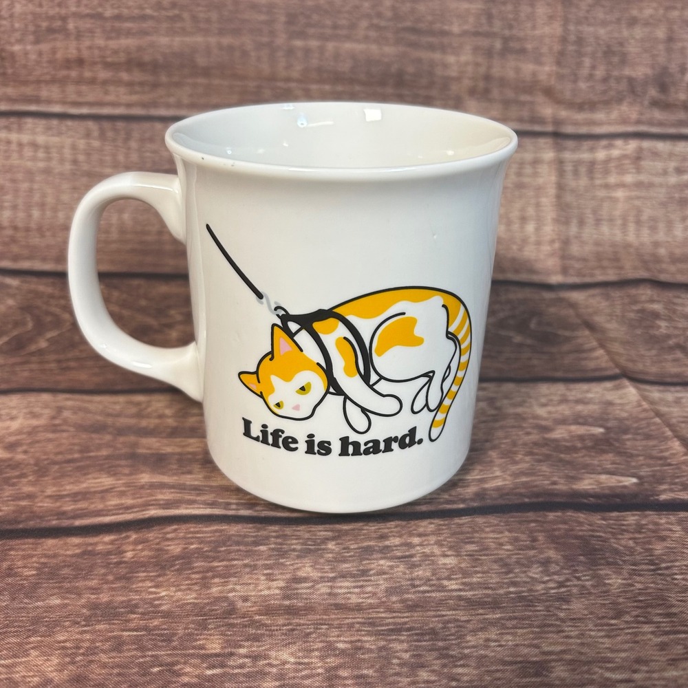 Genuine Fred Muggin Out Life is Hard Orange Cat on Leash Coffee Mug 16 oz